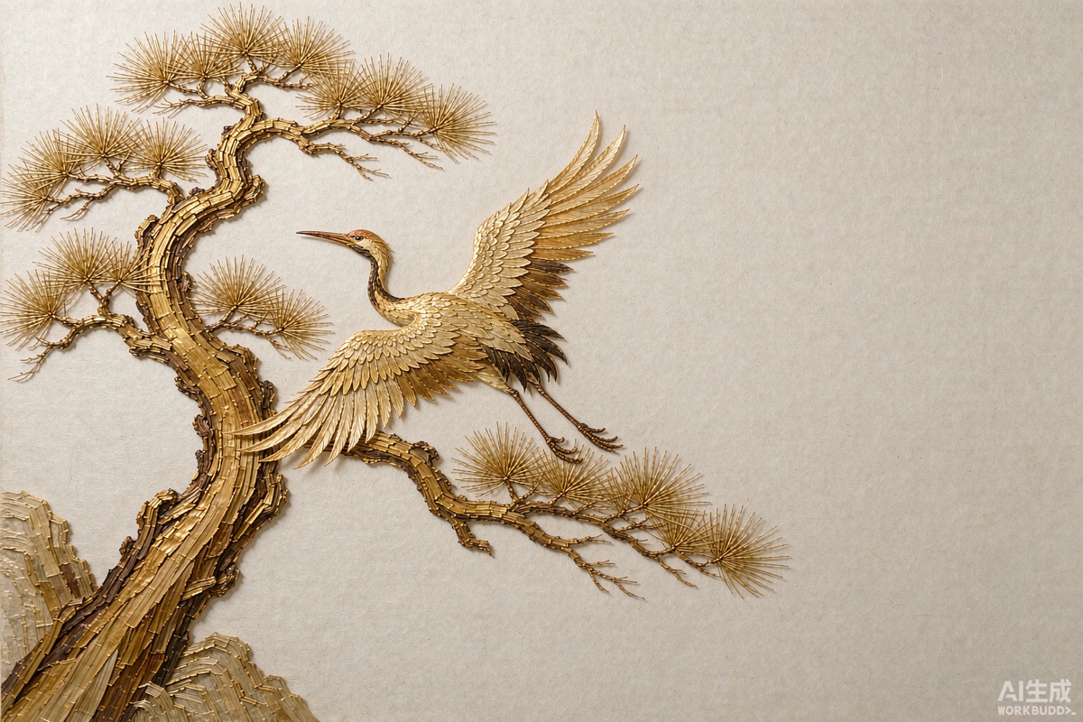 麦草画松鹤延年拼贴挂屏